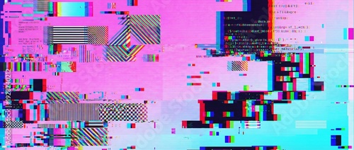 Tapety artystyczne 未来感あふれるピンクとシアンのグリッチ抽象背景