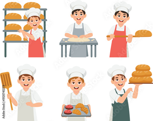 Cute cartoon bakers characters set preparing fresh bread and pastries in bakery kitchen illustration collection