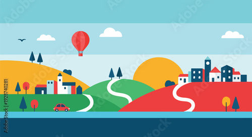 Flat landscape featuring a hot air balloon, hills, trees, and buildings