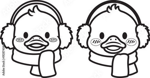 Cute cartoon ducklings wearing ear muffs and scarves, winter warmth concept, adorable animal characters, children's illustration, coloring page, black and white