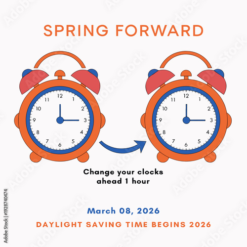 Daylight Saving Time Begins 2026 concept banner. Vector illustration of clock and info with calendar date of changing time in march 08. Spring Forward Time illustration banner. Change clocks ahead