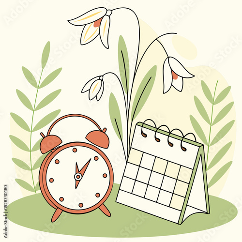 Daylight Saving Time Begins 2026 concept banner. Vector illustration of clock and info with calendar date of changing time in march 08. Spring Forward Time illustration banner. Change clocks ahead