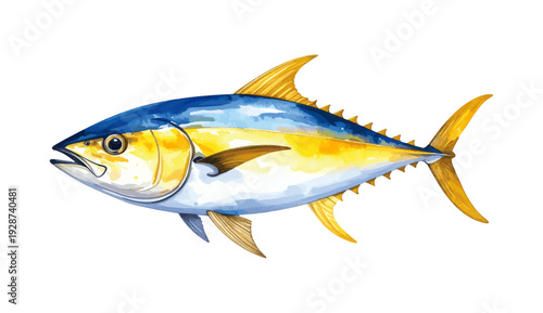 Yellowfin tuna Fish Watercolor Illustration