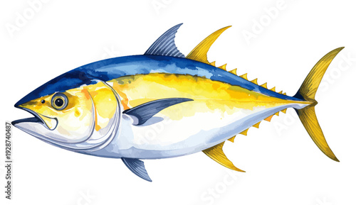 Yellowfin tuna Fish Watercolor Illustration