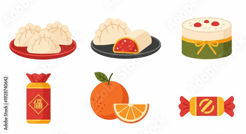 Colorful Traditional Chinese Cuisine Featuring Dumplings Cake Candies And Fruits Representing Cultural Festivals