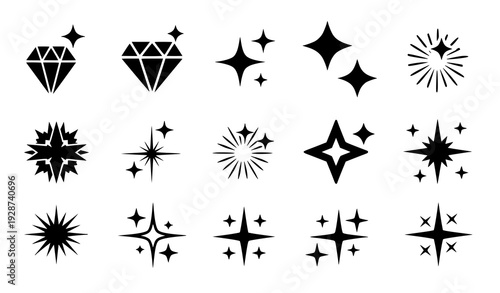 Twinkle and Shine Star Icons Solid Glitter Sparkle Vector Set