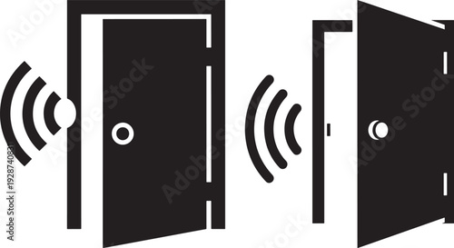 Open and closed doors with sensor wave icons, symbolizing entry, exit, access, or smart home technology.