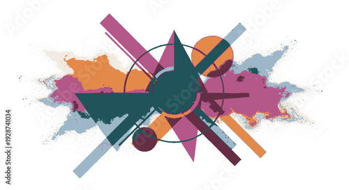 Colorful abstract design featuring overlapping geometric shapes with bold pink orange and teal tones on a dynamic background