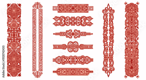 Decorative red borders and frames featuring intricate patterns for creative projects and artistic design elements