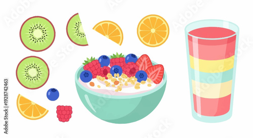 Colorful Fruit Bowl With Yogurt And Refreshing Beverage For Healthy Lifestyle Choices