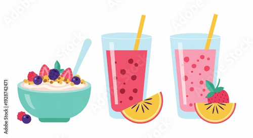 Healthy Breakfast Bowl with Fruits and Refreshing Smoothies for a Nutritious Start to the Day