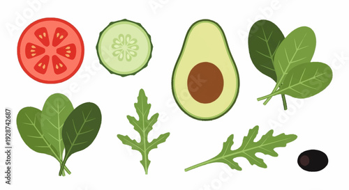 Fresh Vegetables and Fruits Including Tomato Avocado Cucumber and Greens for Healthy Eating Concept
