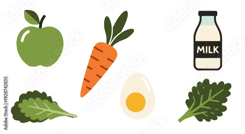 Colorful Collection of Fresh Fruits and Vegetables Including Leafy Greens and Dairy Products