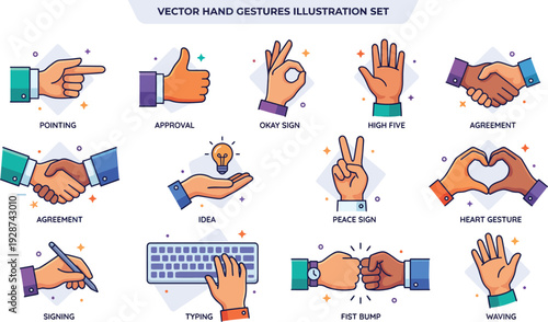 Hand Gesture Vector Illustration Set: A comprehensive vector illustration set, featuring a variety of hand gestures representing various actions and meanings for design assets.