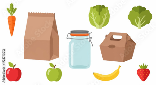 Colorful assortment of fresh fruits and vegetables with packaging on a white background for healthy lifestyle concepts