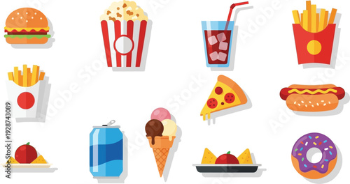 Fast food feast: A vibrant array of fast food favorites, each one a classic representation of delicious indulgence. A visual celebration of flavor and the joy of quick, satisfying meals.