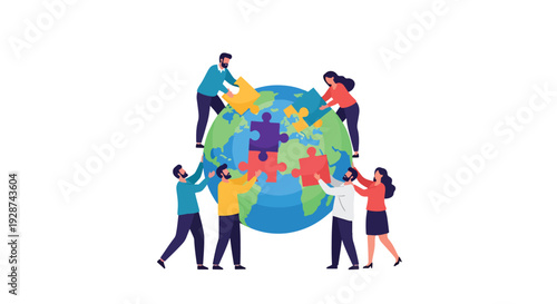 Diverse team members unite to collaboratively build and connect the world, fitting puzzle pieces onto a globe, symbolizing global partnership, shared vision, and problem-solving for a unified future