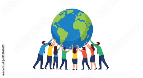 Diverse group of people holding the Earth together in unity and cooperation, promoting global understanding and environmental conservation efforts worldwide.