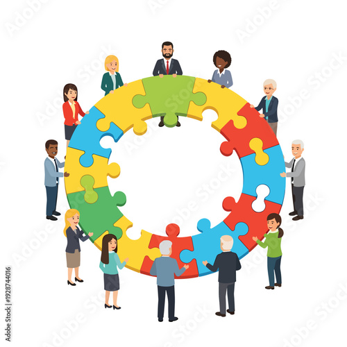 Diverse group of people forming a circle with puzzle pieces