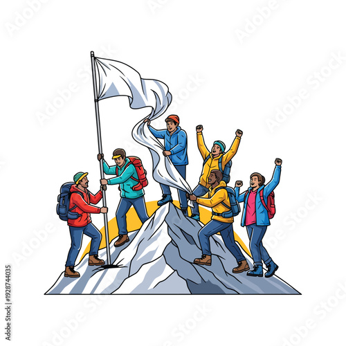 Group of people celebrating on a mountain peak with a flag, viewed from the side