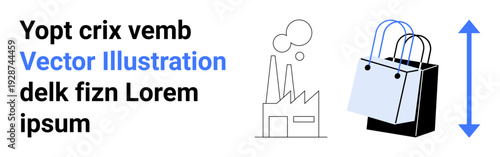 Consumerism, industrial production, retail, manufacturing, supply chain, e-commerce. Line art factory and shopping bags with blue arrow. Consumerism and industrial production concept
