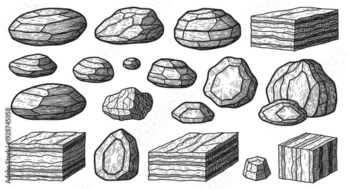 Detailed Engravings of Various Rocks and Minerals in Different Shapes.
