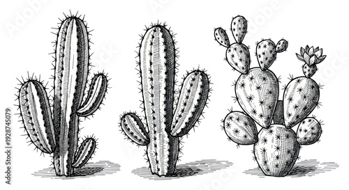 Detailed botanical illustration of various desert cacti plants.