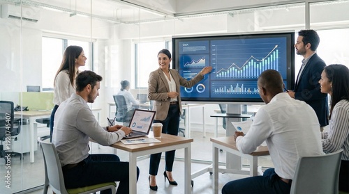 Business team in a modern office presenting financial data on a large interactive screen showing growth charts and analytics for corporate strategy