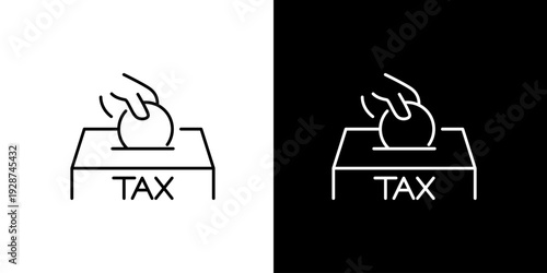 Hand dropping coin into tax box, illustrative icons on white and black background