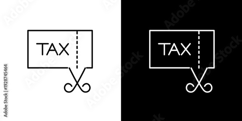 Clean line art graphic icon illustrating a pair of scissors cutting through a tax label, conceptualizing financial savings, tax deductions, and economic reform