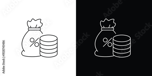 Modern financial savings and investment vector icon. Features a money bag with a percentage symbol and stacked coins, representing interest rates, growth, or debt