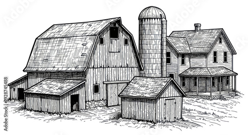 Detailed ink drawing of a traditional American farmstead with barn silo and farmhouse.