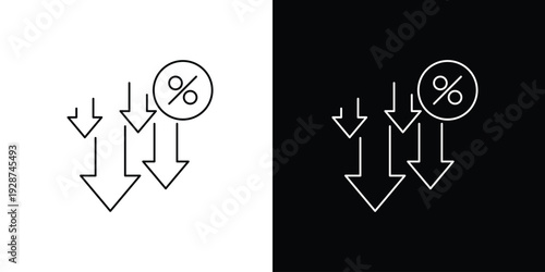 Simple line icon featuring a percentage symbol with downward arrows, representing price reduction, sales discount, cost decrease, or economic decline