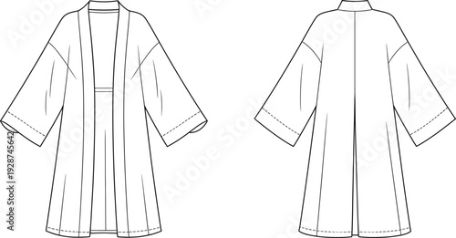 Kimono jacket illustration, fashion design sketch, garment construction, robe silhouette, wide sleeve style, pattern making, technical drawing artwork