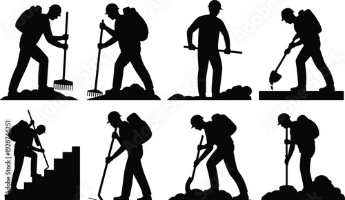 Outdoor labor silhouettes, manual work illustration, raking leaves, shoveling dirt, digging bar, post hole digger, hiking activity, construction teamwork artwork