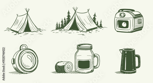 Hand drawn camping and outdoor adventure gear collection.