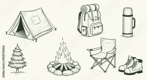 Hand drawn camping and outdoor adventure essentials collection.