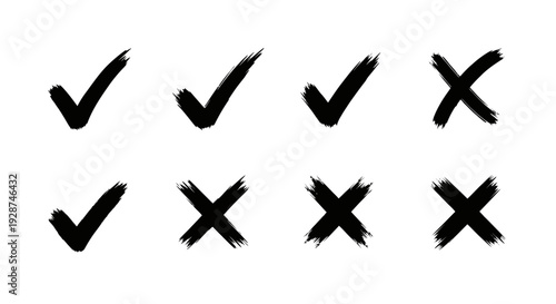Hand drawn check marks and crosses symbols isolated on white background.