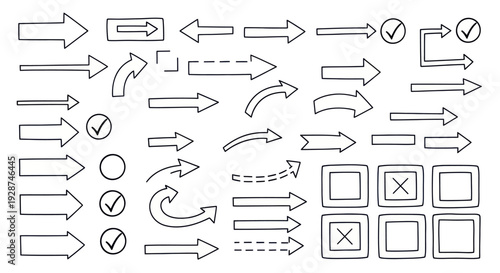 Hand Drawn Doodle Arrows and Check Marks Collection.