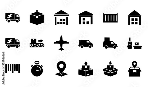 Solid black logistics and delivery vector icon collection