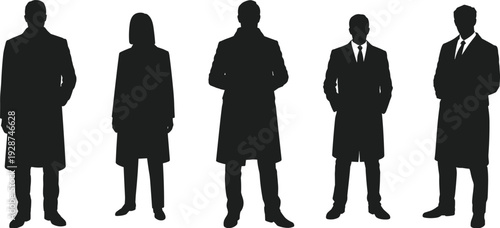 Business professional silhouettes, formal attire, suit coat, detective style, agent figure, workforce unity, identity concept, secrecy illustration artwork
