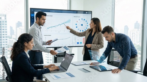 Diverse Business Team Discussing Financial Growth Chart in Modern Corporate Boardroom Meeting