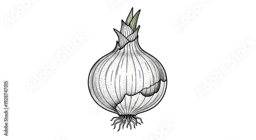 Hand drawn illustration of a fresh white onion with roots and green sprouts.