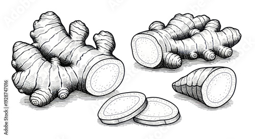 Hand Drawn Illustration of Fresh Ginger Roots and Slices.