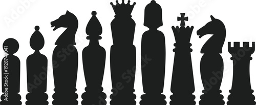 Chess piece silhouettes, pawn bishop knight, queen king rook, strategy game icons, abstract design, board game artwork, tactical play illustration