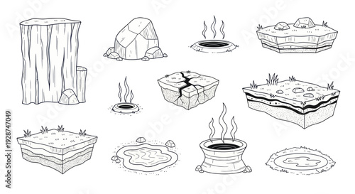 Hand drawn set of various natural elements like rocks, geysers, and cracked earth sections.