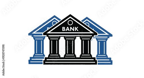 A blue and black bank building icon with columns