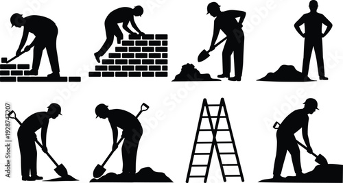 Construction worker silhouettes, bricklaying teamwork, shoveling dirt, ladder symbol, manual labor, industrial site, building industry, occupational safety artwork design