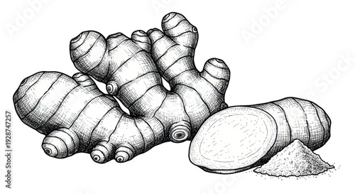 Hand Drawn Sketch of Fresh Ginger Root and Powder.