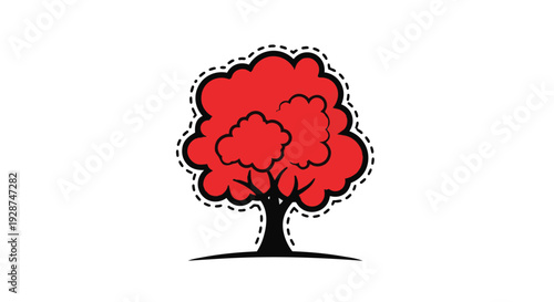 A vibrant red tree with a black outline